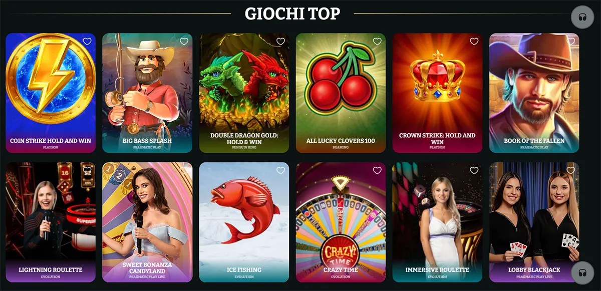Italian top games section showing Coin Strike Hold and Win, Big Bass Splash, Double Dragon Gold: Hold & Win, All Lucky Clovers 100, Crown Strike: Hold and Win, Book of the Fallen, Lightning Roulette, Sweet Bonanza Candyland, Ice Fishing, Crazy Time, Immersive Roulette, and Lobby Blackjack on a dark casino interface.