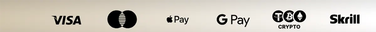 Payment methods banner featuring Visa, Mastercard, Apple Pay, Google Pay, crypto, and Skrill logos on a light background.