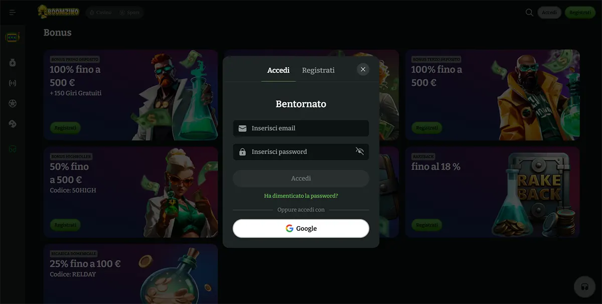 Italian casino login popup with email and password fields, Google sign-in option, and a “Bentornato” welcome message displayed over a dark bonus page background.